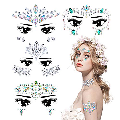 Face Gems, ETRONG Face Jewels Rhinestone Stickers Crystals Glitter for Festivals Rave, Self Adhesive Festival Face Gems Body Jewels Body Gems Party Decorations for Woman Kids Stick on Make Up (4-Pack)