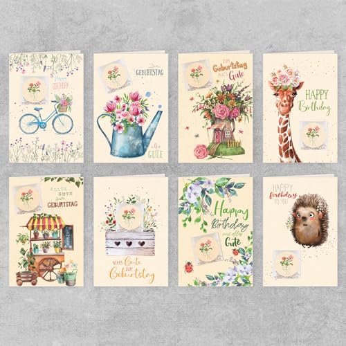 GreenLine Geburtstagskarten mit echten Blumensamen, 8 Stück | 100% baumfreies Zuckerrohrpapier | Klappkarte Blanko inkl Umschlag | Glückwunschkarten, Blumensamen Geschenk, 11,5x17cm