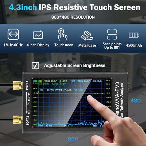 Image of AURSINC Upgraded NanoVNA-F V3 Vector Network Analyzer, 4.3 inch Touchscreen 1MHz-6GHz Handheld Antenna Analyzer for Ham Radio, S-Parameters S11 S21, SWR, TDR, Phase, Delay, Smith Chart, Real-Time RTC