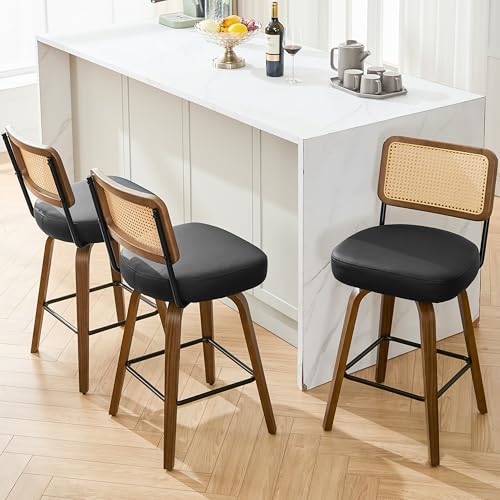 Image of Swivel Bar Stools Set of 2, 26 inch Upholstered Counter Height Bar Stools with Back and Walnut Wood Legs, Faux Leather Barstools for Kitchen Counter, Rattan Black