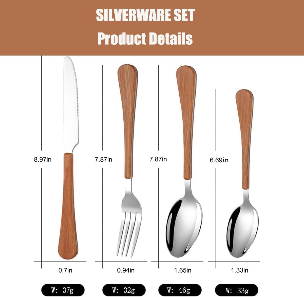 Este Juego de Cubiertos con Mango de Madera de 10 Piezas de Acero Inoxidable Incluye Cuchillos de Mesa, Tenedores, cucharas y cucharillas de té para el hogar, la Cocina y restaurantes, Color