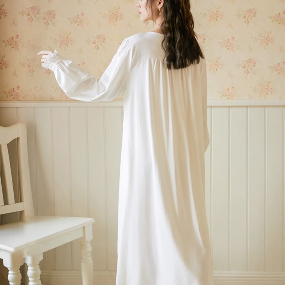 GUOCU Damen Mädchen Vintage Süß Prinzessin Stil Nachthemd Langarm Pyjama mit Floraler Spitze Bestickt V-Ausschnitt Nachtkleid Nachtwäsche Lounge-Kleid Schlafkleid Baumwolle Schlafanzug Sleepwear