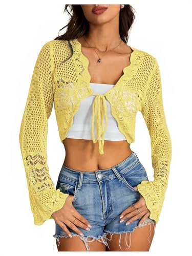 Image of OYOANGLE Women's Crochet Tie Front Sweater Cardigans Bell Sleeve Knitted Cropped Bolero Shrug Cardigan