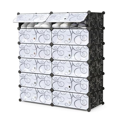 COSTWAY Shoe Rack Organizer, 6 Tier Shoe Shelves with Covers, DIY Design, 24-Pair Stackable Cube Organizer Boxes, Freestanding Shoe Cabinet for Entryway Bedroom Closet Hallway (Black)