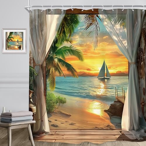 Image of Riyidecor Beach Shower Curtain 72Wx84H Inch Extra Long Beachy Seaside Ocean Sea Hawaiian Sunset Coastal Tropical Palm Tree Scenery Barn Door Bathroom Decor Fabric Polyester Waterproof 12 Pack Hooks