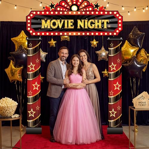 Image of Peryiter 3 Pcs Movie Night Porch Sign Banner Movie Theme Party Decorations Theater Door Entrance Banner Welcome Now Showing Lights Hanging Porch Sign Camera Film Backdrop Red Carpet Party Decoration