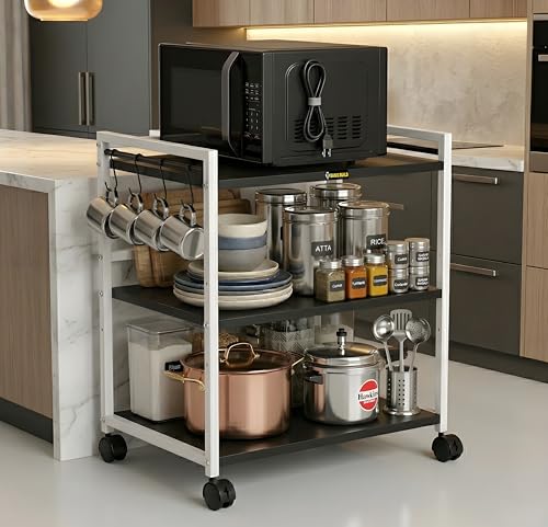 Image of Microwave Stand with Storage & Wheels | Heavy Duty 3-Tier Kitchen Rack for Oven, Appliances, Spices & Utensils | Multipurpose Rolling Trolley | Space Saving Organizer for Kitchen & Home