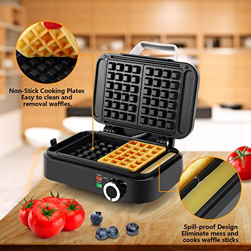 Belgian Waffle Maker Monxook, Non-Stick Waffle Iron With 6 Browning Control, Makes 2 Slices Of 1" Thick Waffles, Mess-Free Sides, Pfoa Free, Stainless Steel/Black #TOP3