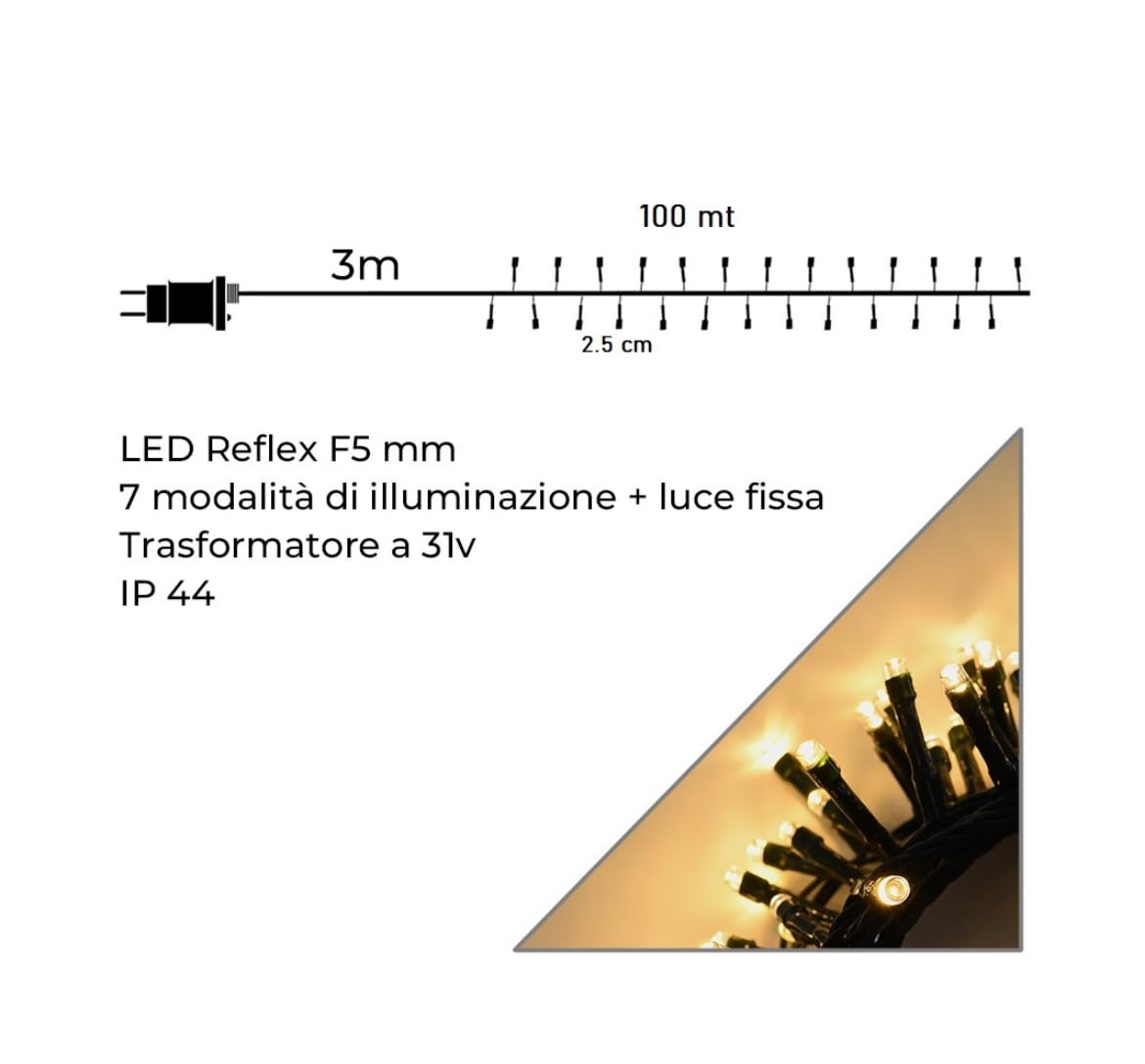 Generico Catena luminosa natalizia con 4000 led 100mt di catena 36V cavo verde ideale per illuminare a Natale spazi esterno interno albero e balconi con 8 modalita' di luce, timer (Luce calda)