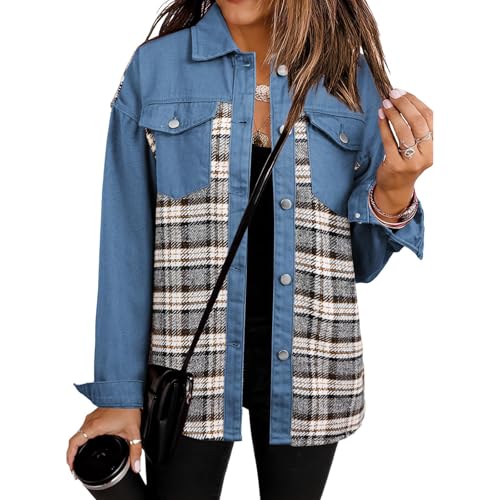 Jean Jacket Women Long Sleeve Plaid Shacket Jacket Casual Button Down Denim Shirts Fashion Boyfriend Jean Blouses2