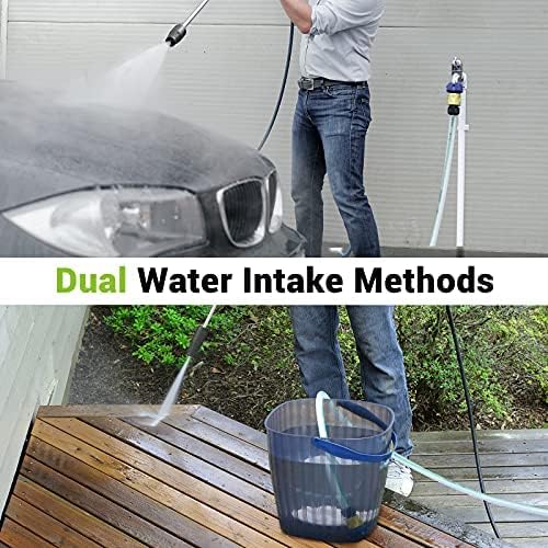 Pressure washer demonstrating dual water intake methods, from a spigot and from a bucket