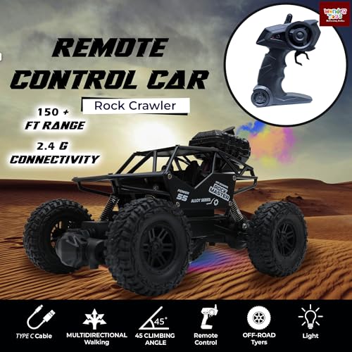 Image of Wonder Rock Master Remote Control Car with Smoke | Monster Truck Rock Crawler for Kids | 2.4 GHz Remote + Android App Control | Long Range | 150+ Feet Range | C-Type Charging | Made in India (Black)