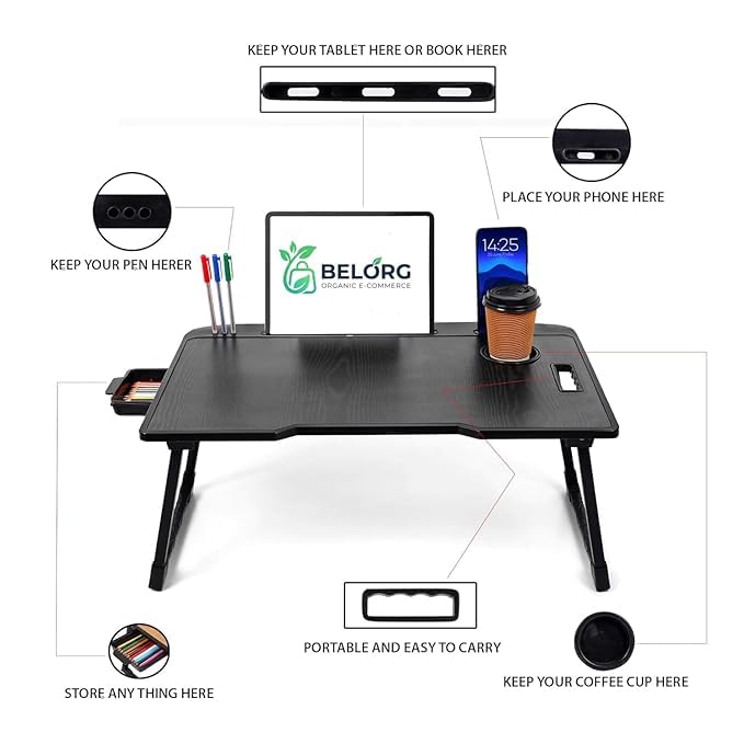 Image of Wood Smart Multipurpose Foldable Laptop Table with Cup Holder, Study Table, Bed Table, Breakfast Table, Foldable and Portable /Ergonomic & Rounded Edges /Non-Slip Legs (Black)