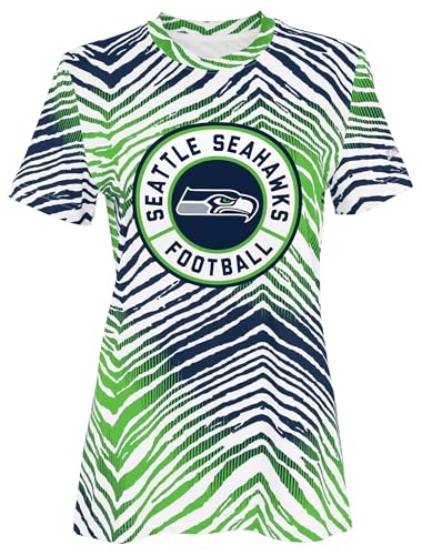 Zubaz NFL Women's Ombre Team Color Zebra Stripes and Circle Logo Short Sleeve T-Shirt, Seattle Seahawks, X-Large