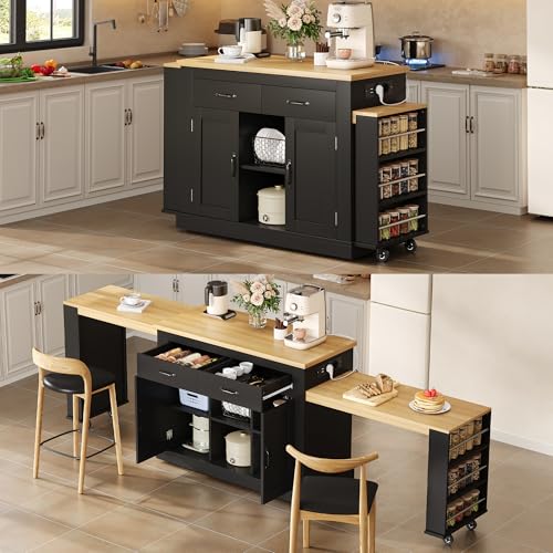Sapgaks Desserte îlot de Cuisine Mobile avec 2 Plans de Travail Extensible et USB, Meuble de...
