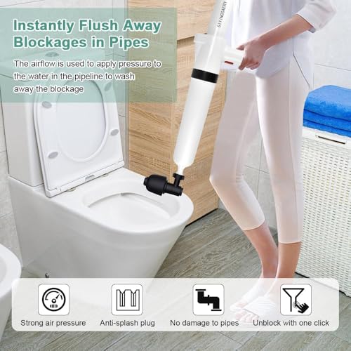Image of Toilet Plunger, High Pressure Air Drain Blaster Gun Powerful Air Drain Blaster with Visual Barometer, 5 Heads for Bathroom Kitchen Floor Drain Sink Clogged Pipe