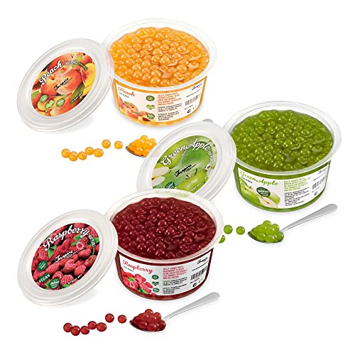 INSPIRE FOOD Bubble Tea Mix - 3-Pack: Pfirsich, Grüner Apfel & Himbeer Popping Boba Fruchtperlen - 100% vegetarisch, glutenfrei, ohne künstliche Farbstoffe Cover