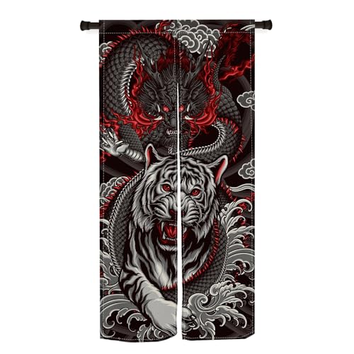 Qinunipoto 暖簾 竜と虎 動物柄 シンプル風 幅72cm丈150cm インテリア 出入り口 目隠し おしゃれ すだれ 遮光 部屋 間仕切りカーテン 門カーテン ポリエステル製 オーダー可 簡単取付 四季兼用