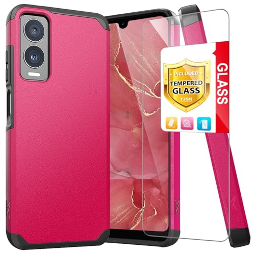 TJS Compatible with Cricket Debut S3 (U572AC) Case, AT&T Vista 2 (U572AA) Case, with Tempered Glass Screen Protector, Dual Layer Hybrid Magnetic Support Shockproof Heavy Duty Phone Case (Pink)