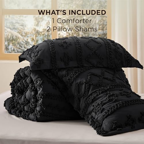 Bedsure Tufted Boho Comforter Set California King - Black Boho Bed Set, GentleSoft™ 3 Pieces Farmhouse Shabby Chic Embroidery Bedding, Gifts for Woman, Soft Jacquard Comforter for All Seasons