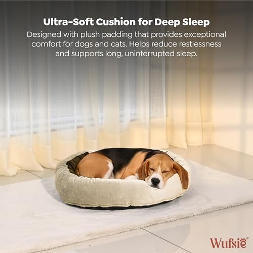 Image of Velvet Dog Bed in Round Shape | Medium 70 Cm | Premium Velvet Pet Bed for Cats and Puppies | Soft & Cozy Sleeping Bed for Dog with Removable Insert | Brown & Cream