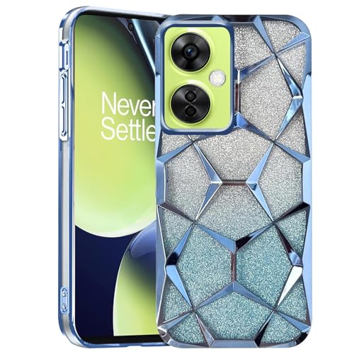 Image of Stylish Gradient Glitter Clear Case for OnePlus Nord CE 3 Lite 5G Luxury Electroplated 3D Cube, Diamond Bling Shiny Soft TPU Clear Shockproof Women & Teen Girls Protective Phone Cover (Blue)