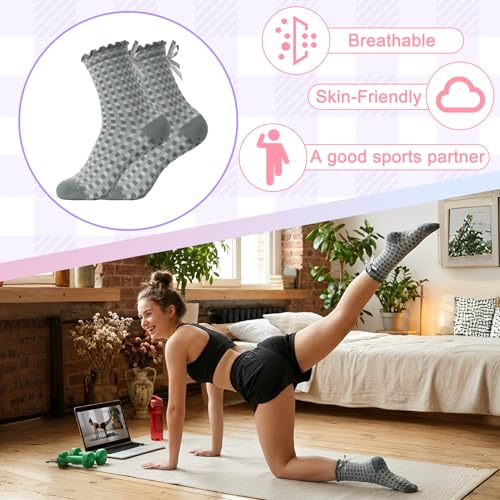 Image of 4 Pairs Women Cute Pilates Socks Non Slip Ruffle Yoga Socks with Bow for Women Dance Gym Exercise Bow Purple, Gray, Yellow, Green
