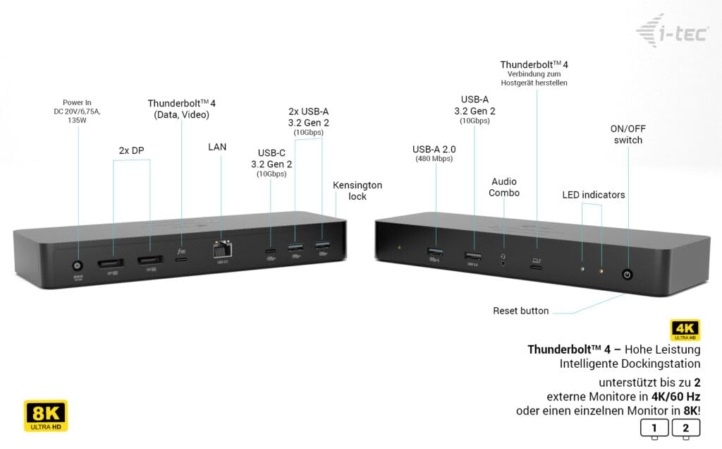 I-Tec Thunderbolt 4 Intelligent Dual Display Dockingstation Pd 90w Dual 4k Schwarz