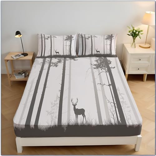 Drap housse 140x200 bonnet 30 cm gris imprimé forêt et cerf - 2