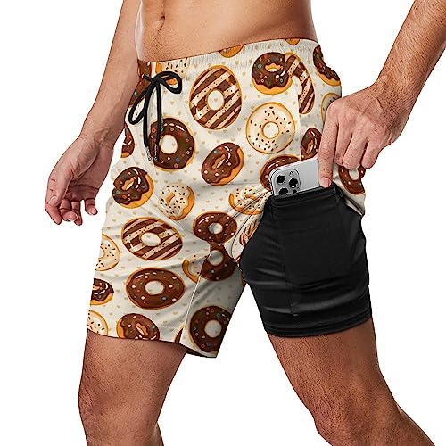 Sugar Chocolate Donuts Men's Swim Trunks Board Shorts with Compression Liner and Pocket Bathing Suits