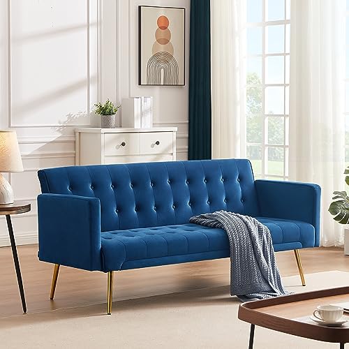 72"Modern Velvet Sofa Bed Futon,Convertible Folding Sleeper Bed Couches With 3 Adjustable Backrests,Tufted Recliner Love Seat With Golden Chrome Legs For Living Room Apartment Home Office (Navy) #TOP2