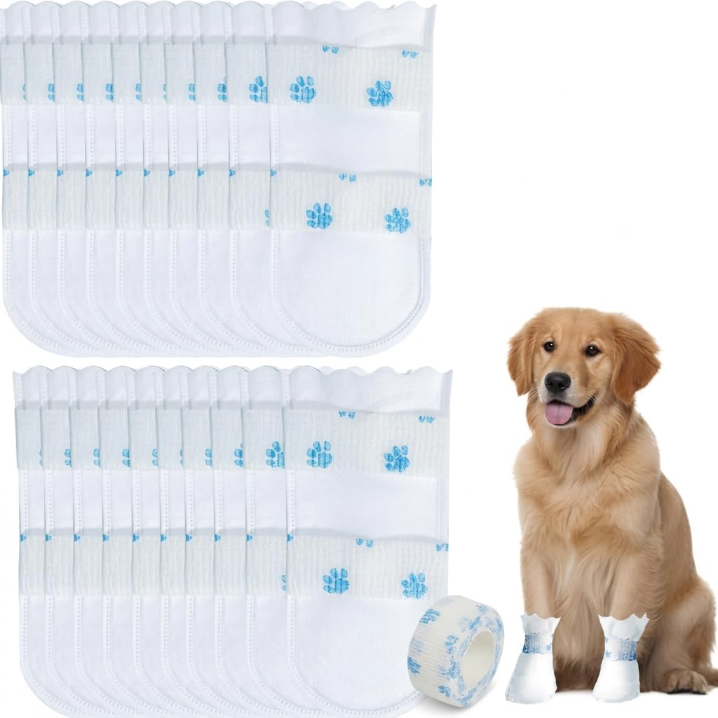MKtoko Disposable Dog Boots for Injured Paws, Waterproof Dog Paw Protectors with Self-Adhesive Bandage, Disposable Dog Shoes Paw Covers for Indoor Outdoor Walking, Pet Paw Covers for Dogs (L) (40)