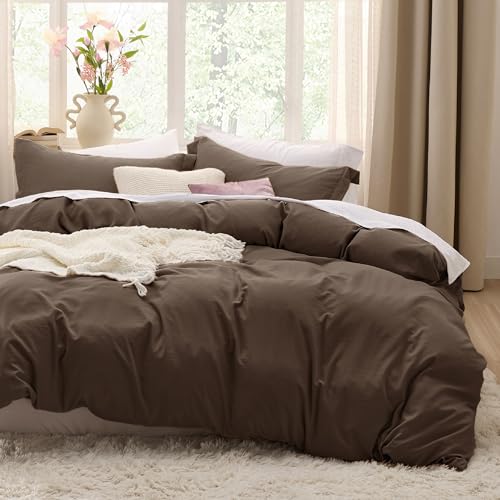 Image of Bedsure Duvet Cover Queen Size - 3 Pieces Prewashed Cotton-Like Polyester Soft Bedding Set, Includes 1 Duvet Cover 90x90 Inches with Zipper Closure & 2 Pillow Shams, No Comforter,(Dark Brown, Queen)