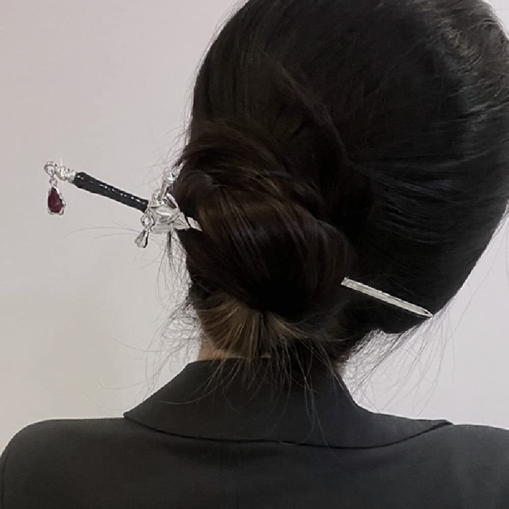 qbodp Imitation Ruby Pendant Hair Sticks Chinese Hair Chopsticks for Buns,Sword Shape Barrettes Hair Pins for Women Thick Hair,Fashion Chopsticks Hair Accessories