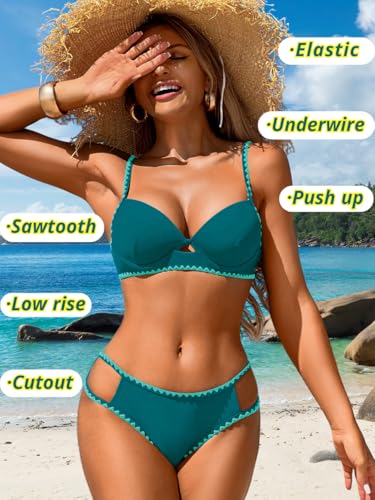 Women Sexy 2 Piece Molded Cup Bikini Set, Underwire Push Up Bathing Suit, Color Block Shell Stitched Cheeky Swimsuit4