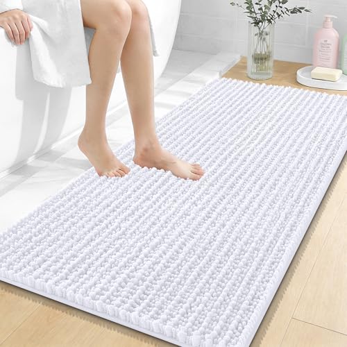 Image of OLANLY Long Bathroom Rugs Runner 47x24, Thick Soft and Absorbent Chenille Bath Mat, Non-Slip, Machine Washable Quick Dry Bath Rugs for Tub Shower Floor, Home Decor Accessories, White
