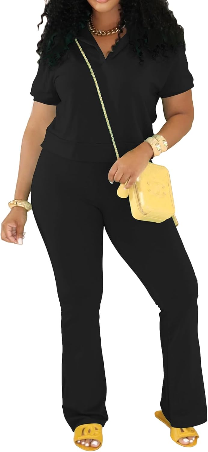 PINSV 2 Piece Sets For Women Casual V Neck Lounge Sets Short Sleeve Top Flare Pants Daily Tracksuit - Image 2