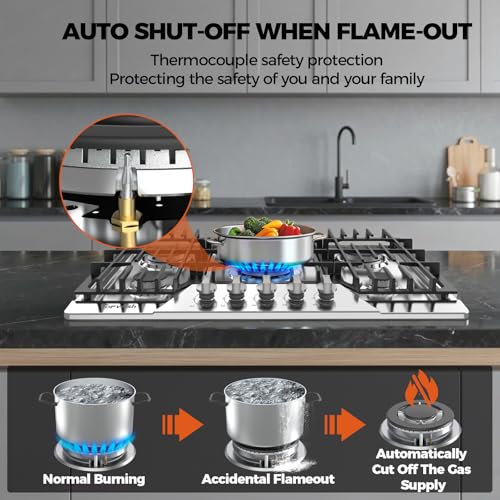 Image of TOPWISH 30 Inch Gas Cooktop,Gas Stove Top Propane 5 ITALY SABAF Burner | Built-in Gas Top Stove, NG /LPG Convertible 30 Cooktop, Stainless Steel Stove Top Gas Cooktop 30 Inch, 41400 BTU