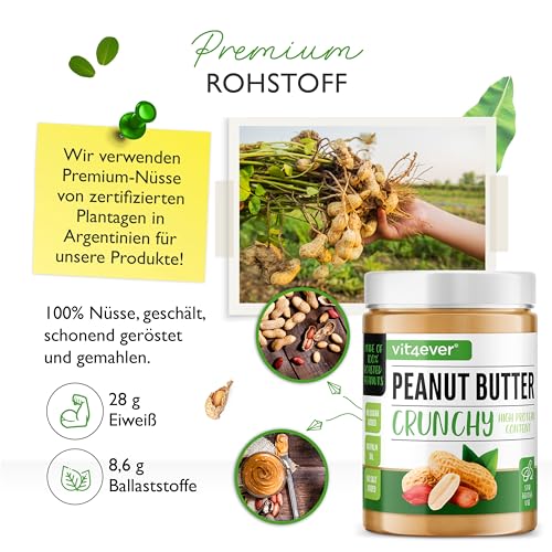 Erdnussbutter Crunchy - 1kg natürliche Peanut Butter Ohne Zusätze - High Protein - Erdnussmus ohne Zusätze von Salz, Öl oder Palmfett - Vegan