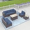 Gotland 8 piece outdoor patio furniture set with gas fire pit table sectional sofa w43in propane fire pit 55000 btu auto ignition firepit wglass wind guard  urban country home decor