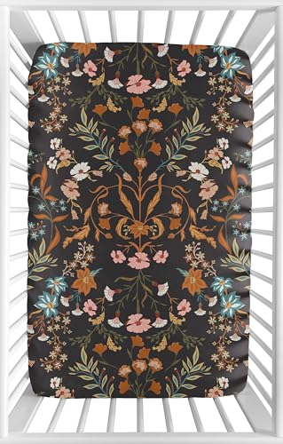 Image of Sweet Jojo Designs Baby Fitted Mini Crib Sheet (Black Wildflower Vintage Floral) for Girls, Newborn /Infant Nursery, Play Yards, Portable Cribs (Boho Botanical, Bohemian Farmhouse, Cottagecore, Orange)