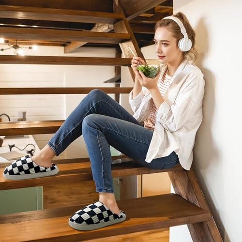 House Slippers for Woman Men, Fuzzy Checkered Mens Womens Slippers Warm Memory Foam House Shoes Indoor Outdoor with Faux Fur Lining2
