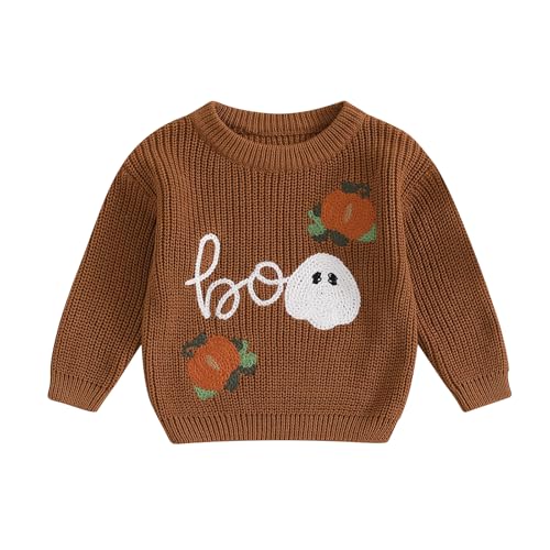 Little Boy Girl Halloween Sweater Pumpkin Ghost Print Crew Neck Long Sleeve Pullover Knit Tops for Winter Fall