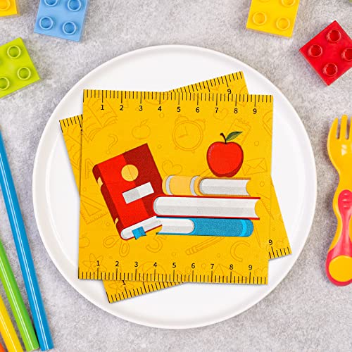 Image of Whaline 80 Pack Back to School Paper Napkins 6.5 x 6.5 Inch Ruler Scales Book Apples Prints Paper Napkins Yellow Disposable Luncheon Napkin for First Day of School Party Supplies Table Decoration