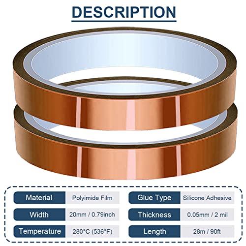 Image of 2 Rolls 20mm x 28m(90ft) High Temperature Tape High Temp Tape Polyimide Heat Resistant Tape Thermal Tape Kapton Tape for Masking /Solder / 3D Printers /Battery