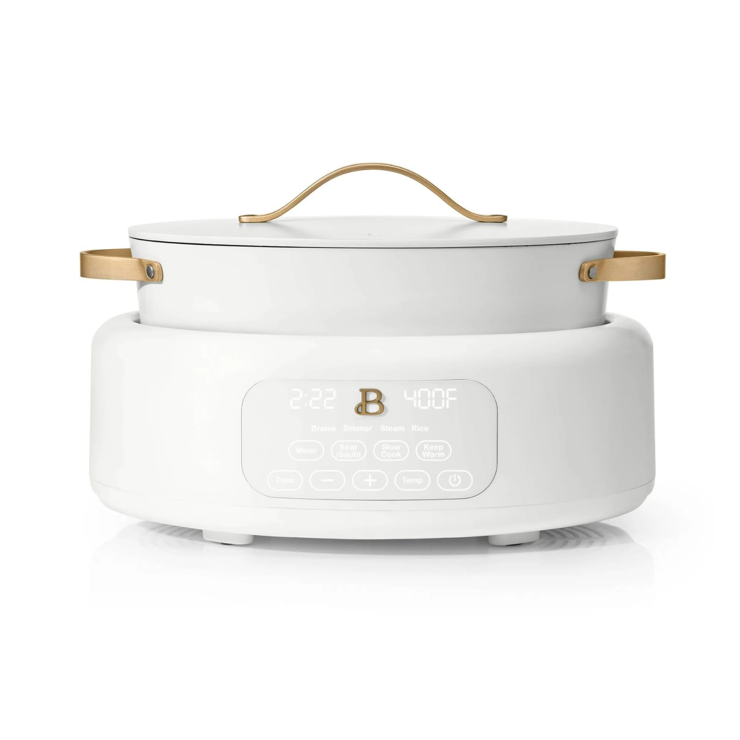 Beautiful 10-in-1 Electric Multi-Cooker, 6-QT Capacity, 7 Preset Functions, Saute, Slow Cook, Braise, Steam, Dishwasher Safe, Oven Safe, Durable Stainless Steel Handles (White Icing)