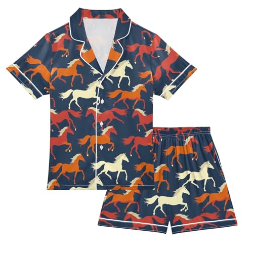 Beautiful Silhouettes Of Horses Summer Satin Pajama Set, Cute Button-Down Sleepwear Pj Set for Sleep Wears