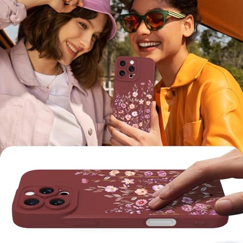Image of Designed for iPhone 16 Pro Case Flower for Women Girls, Wine Red | Cute Floral Pattern Liquid Silicone Phone Case [Full Camera Protection] Slim Soft TPU Protective Cover