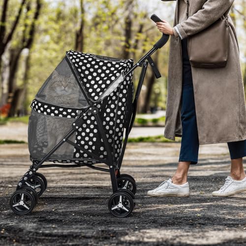 Image of MoNiBloom 4 Wheels Pet Stroller, Easy-Fold Umbrella Shaped Dog Cat Jogger Stroller w /Storage Bag & Visible Mesh for Small /Medium Dogs Cats Black Polka Dots