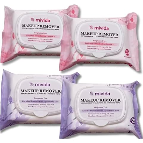mivida Hypoallergenic Makeup Remover Wipes Bundle | Biodegradable Facial Cleansing & Towelettes Make up Remover Face Wipes | Alcohol-Free Makeup Wipes With Vitamin E & Hyaluronic Acid Total 100 Count Cover